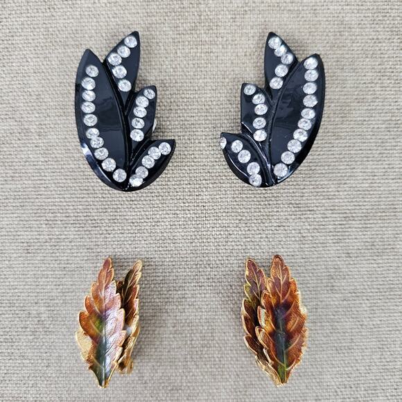 VTG 2 pair clip on earrings Weiss autumn leaves black and stones leaves - Picture 1 of 5